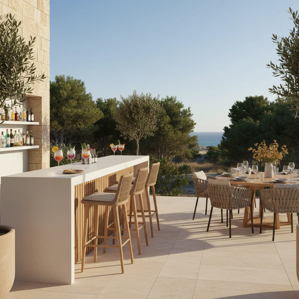 Barmeubilair opstelling op een mediterraan terras in Guardamar del Segura, Costa Blanca