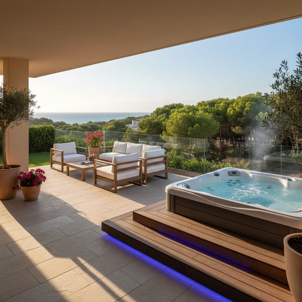 Installation de spas et jacuzzis sur une terrasse méditerranéenne à Guardamar del Segura, Costa Blanca