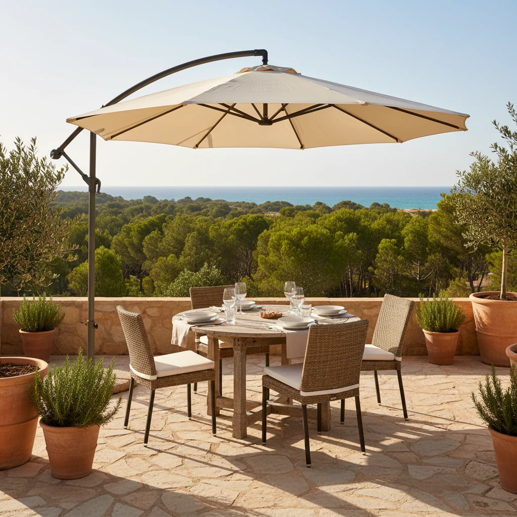 Parasols & Shade Sails setup on a Mediterranean terrace in Guardamar del Segura, Costa Blanca