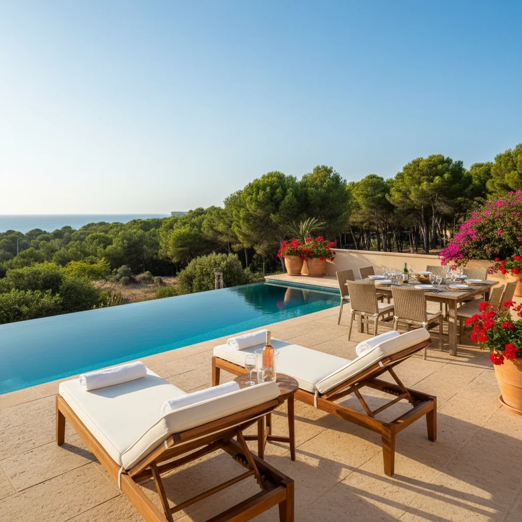 Ligbedden opstelling op een mediterraan terras in Guardamar del Segura, Costa Blanca