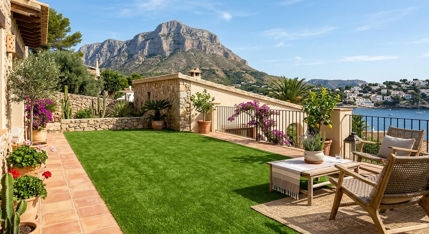 Artificial Grass & Landscaping setup on a Mediterranean terrace in Jávea, Costa Blanca