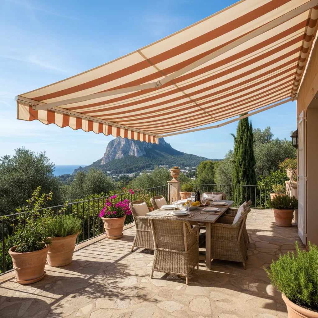 Zonneschermen opstelling op een mediterraan terras in Jávea, Costa Blanca