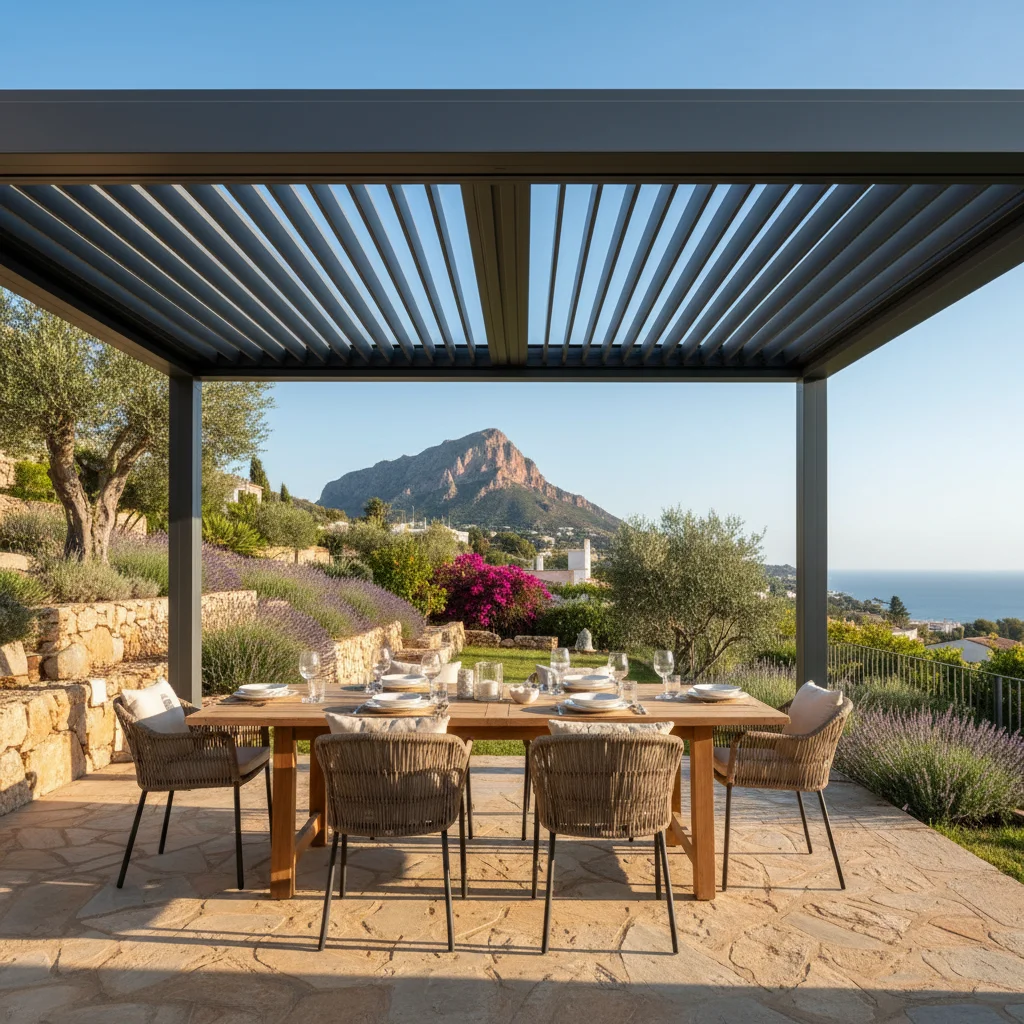 Bioclimatic Pergolas setup on a Mediterranean terrace in Jávea, Costa Blanca