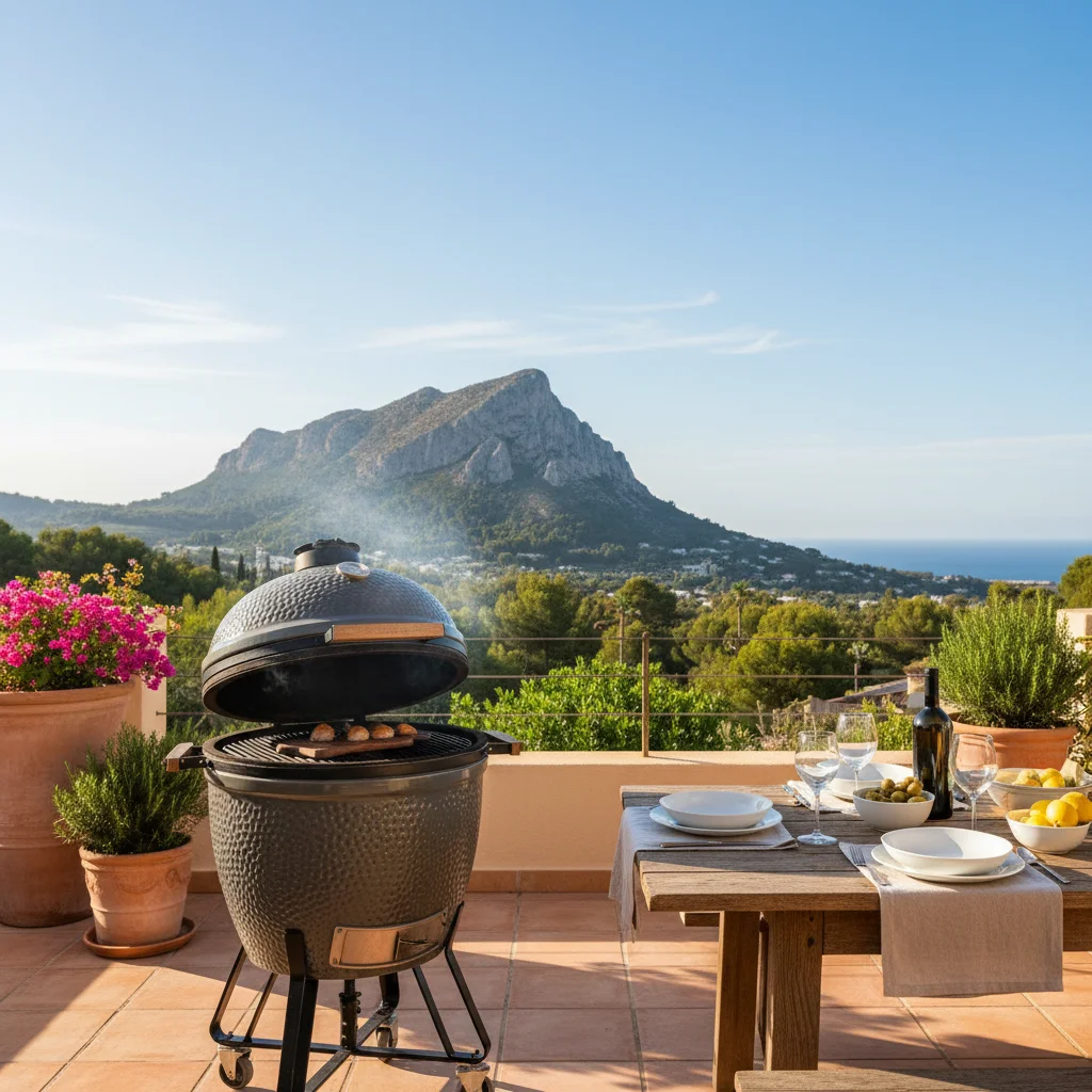 Kamado BBQs setup on a Mediterranean terrace in Jávea, Costa Blanca