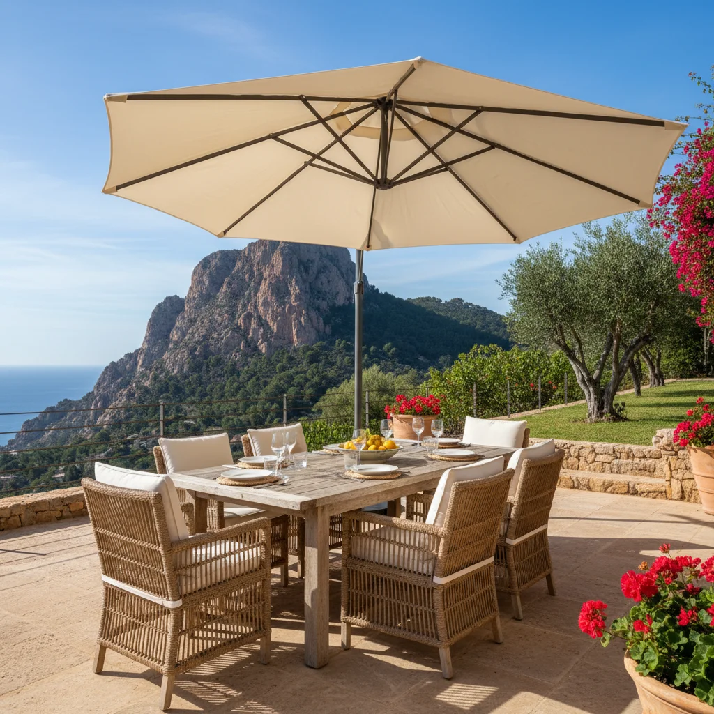 Parasols opstelling op een mediterraan terras in Jávea, Costa Blanca