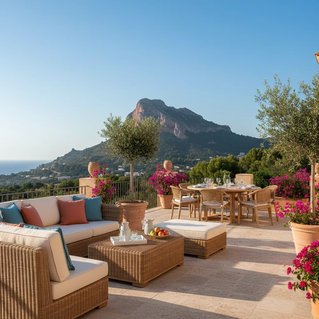 Rattan Lounge Sets setup on a Mediterranean terrace in Jávea, Costa Blanca