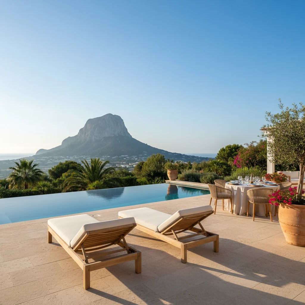 Ligbedden opstelling op een mediterraan terras in Jávea, Costa Blanca