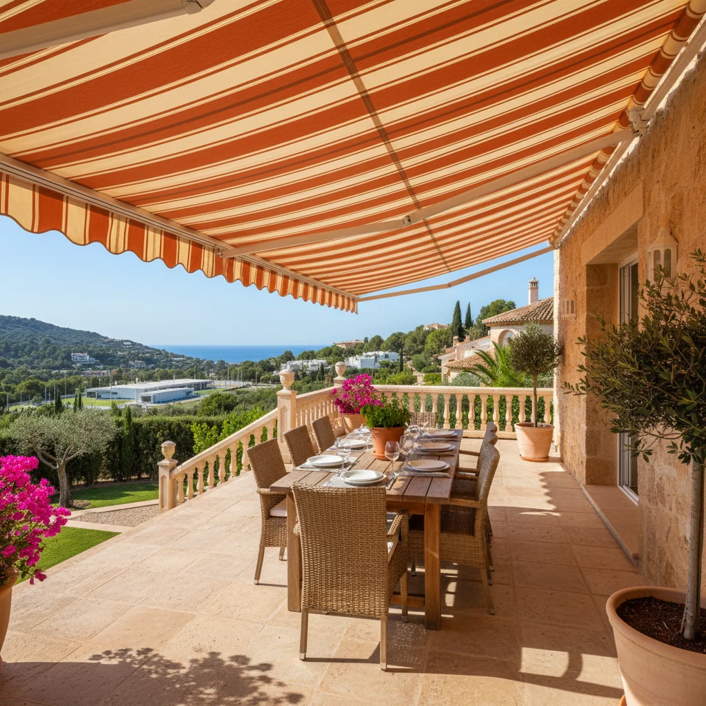 Zonneschermen opstelling op een mediterraan terras in La Nucía, Costa Blanca