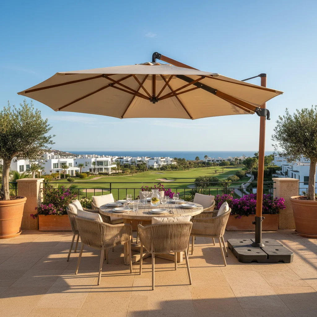 Parasols opstelling op een mediterraan terras in La Nucía, Costa Blanca