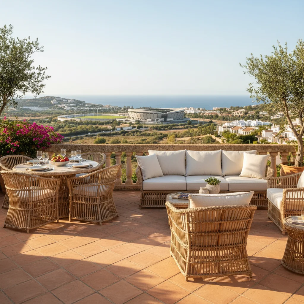 Installation de salons de jardin en rotin sur une terrasse méditerranéenne à La Nucía, Costa Blanca