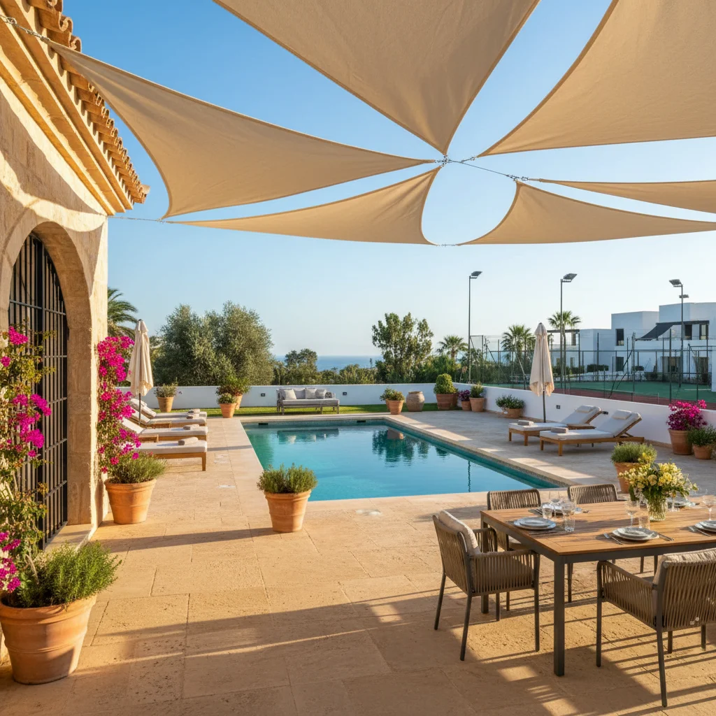 Schaduwdoeken opstelling op een mediterraan terras in La Nucía, Costa Blanca
