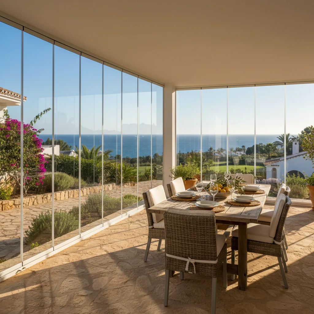 Installation de rideaux de verre sur une terrasse méditerranéenne à Los Montesinos, Costa Blanca