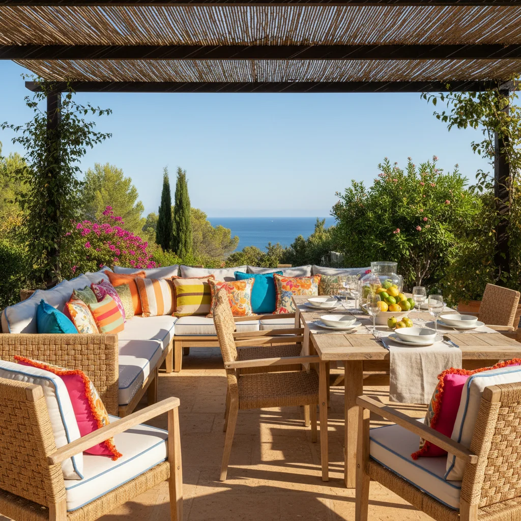 Installation de coussins d'extérieur sur une terrasse méditerranéenne à Los Montesinos, Costa Blanca