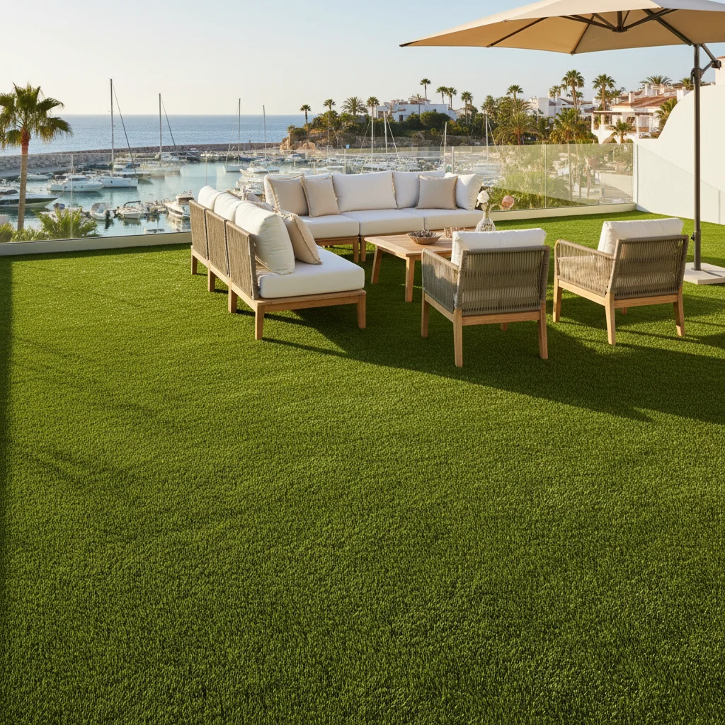 Artificial Grass & Landscaping setup on a Mediterranean terrace in Moraira, Costa Blanca