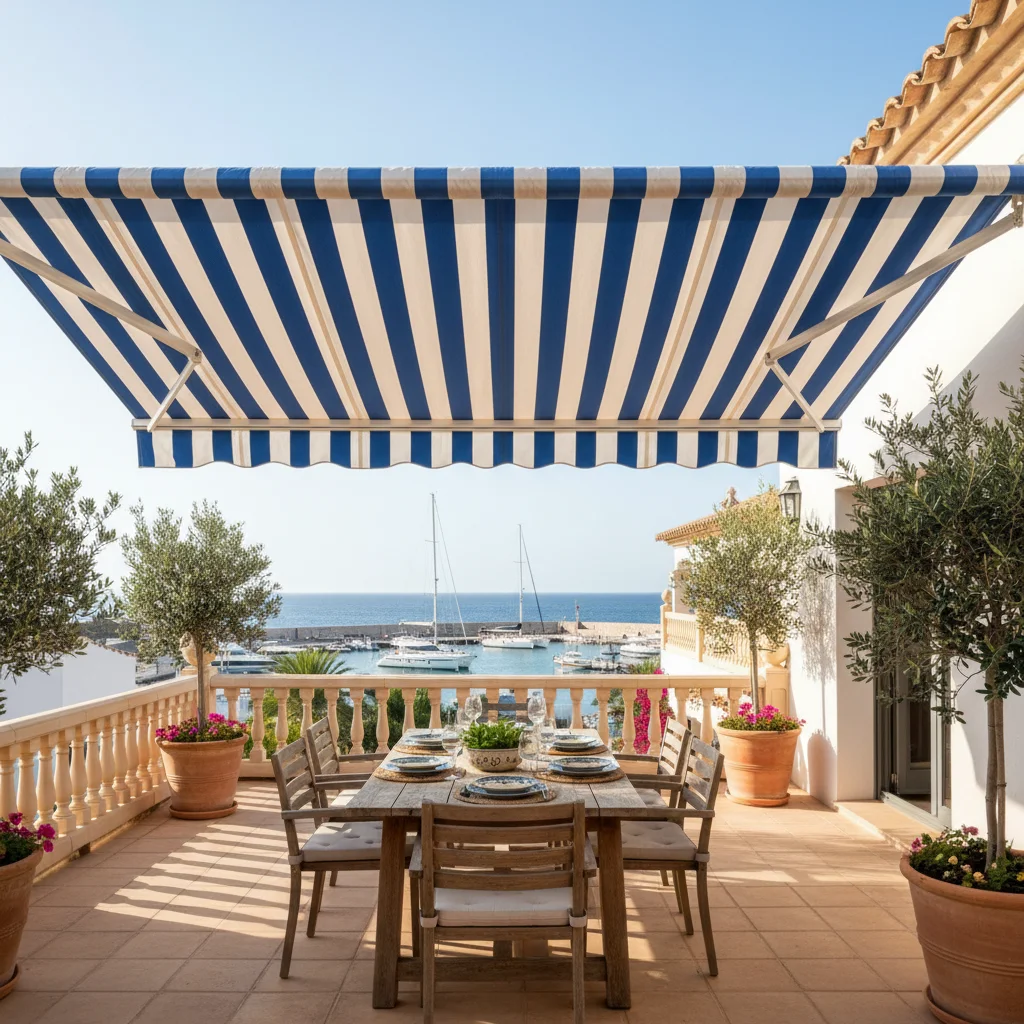 Awnings & Toldos setup on a Mediterranean terrace in Moraira, Costa Blanca