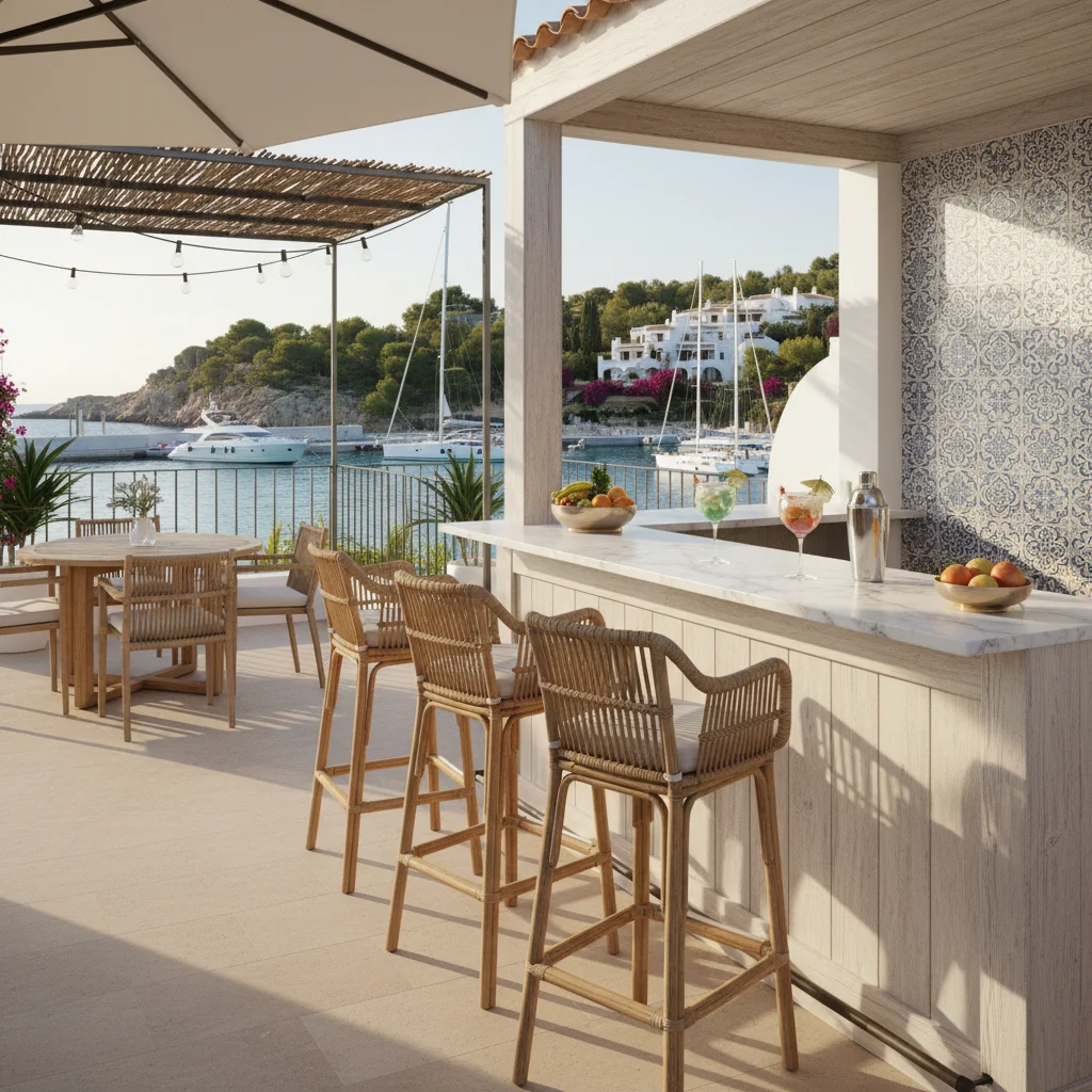Barmeubilair opstelling op een mediterraan terras in Moraira, Costa Blanca