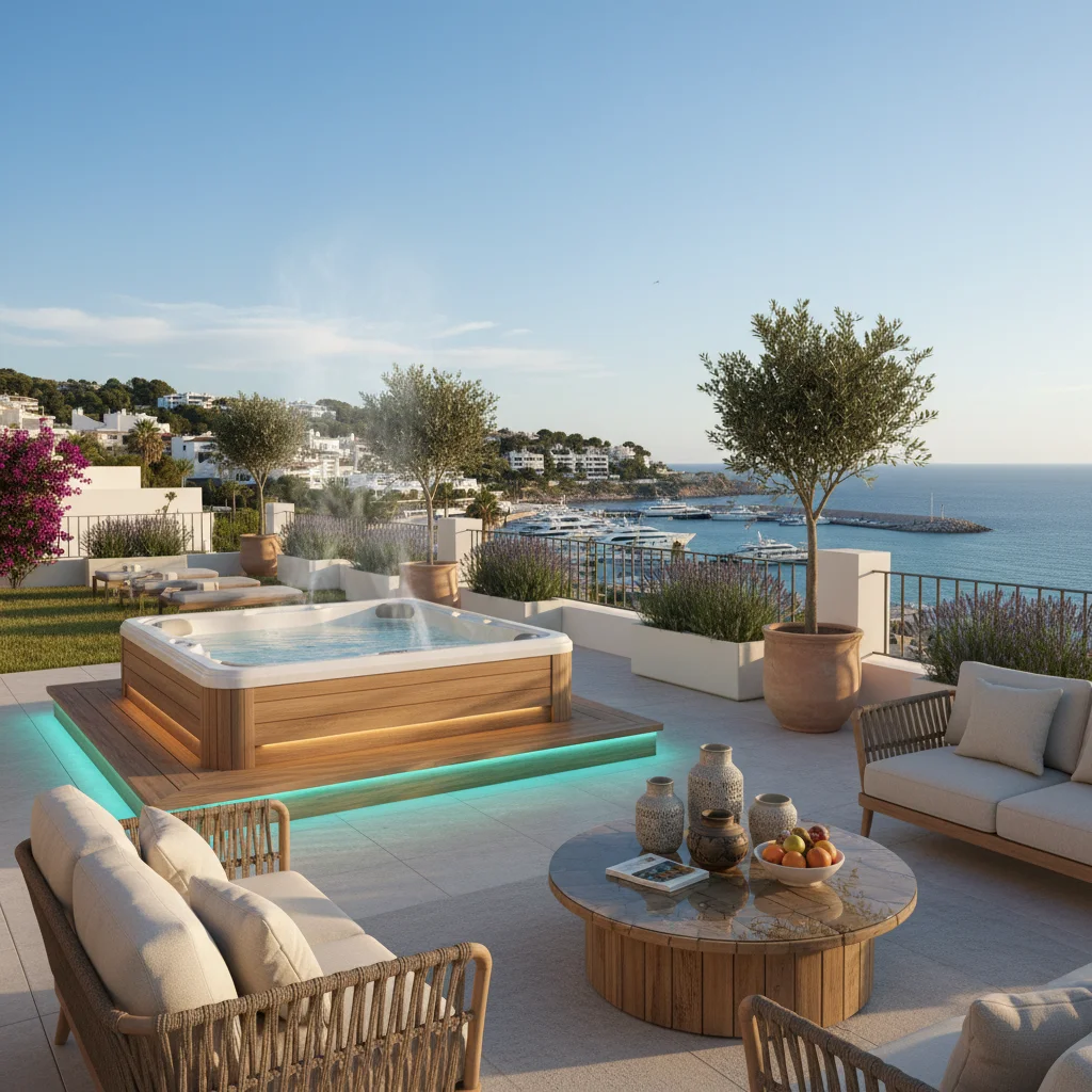 Jacuzzi's opstelling op een mediterraan terras in Moraira, Costa Blanca