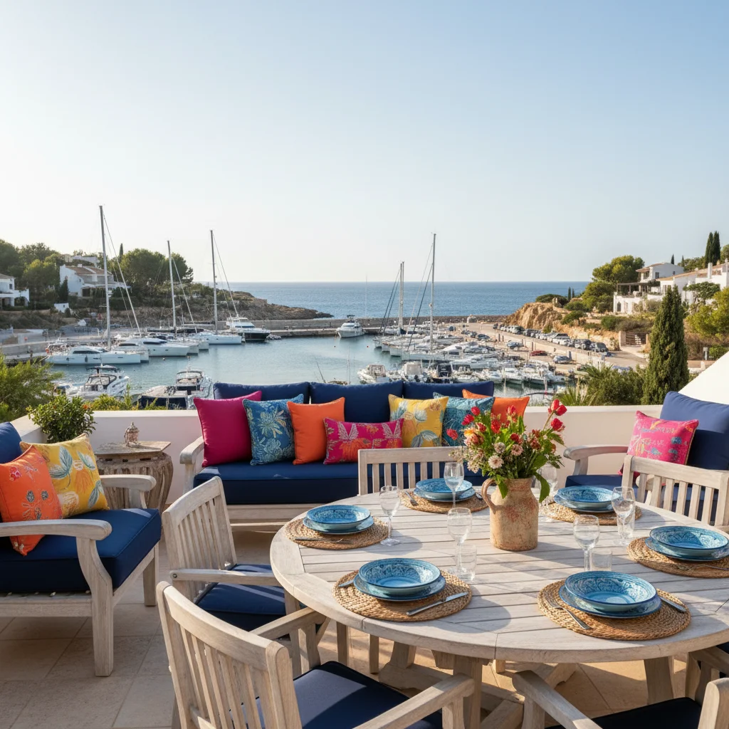 Outdoor Cushions & Textiles setup on a Mediterranean terrace in Moraira, Costa Blanca