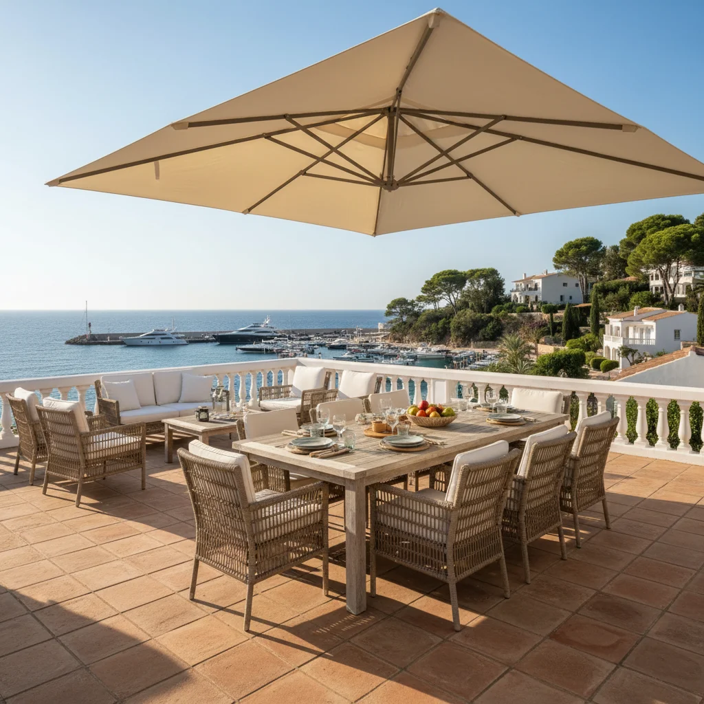 Parasols & Shade Sails setup on a Mediterranean terrace in Moraira, Costa Blanca