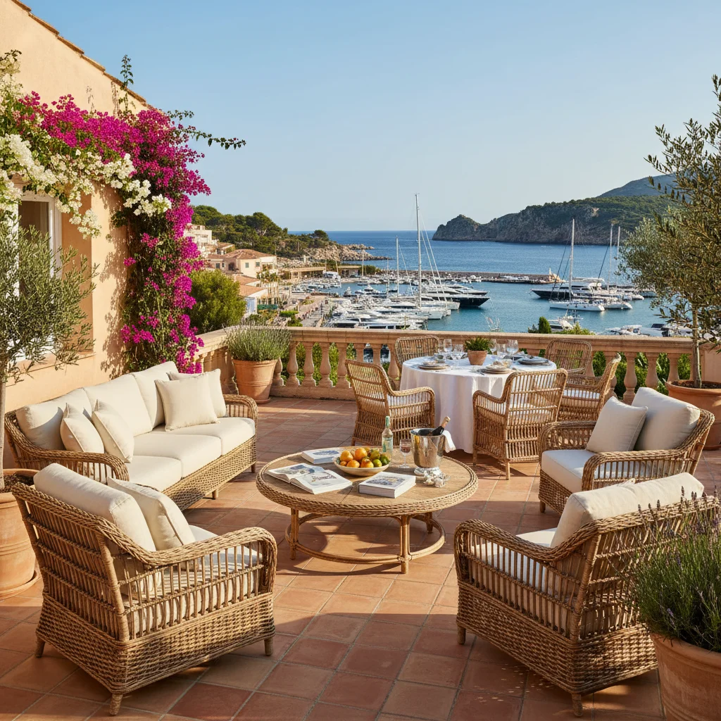 Rattan Lounge Sets setup on a Mediterranean terrace in Moraira, Costa Blanca
