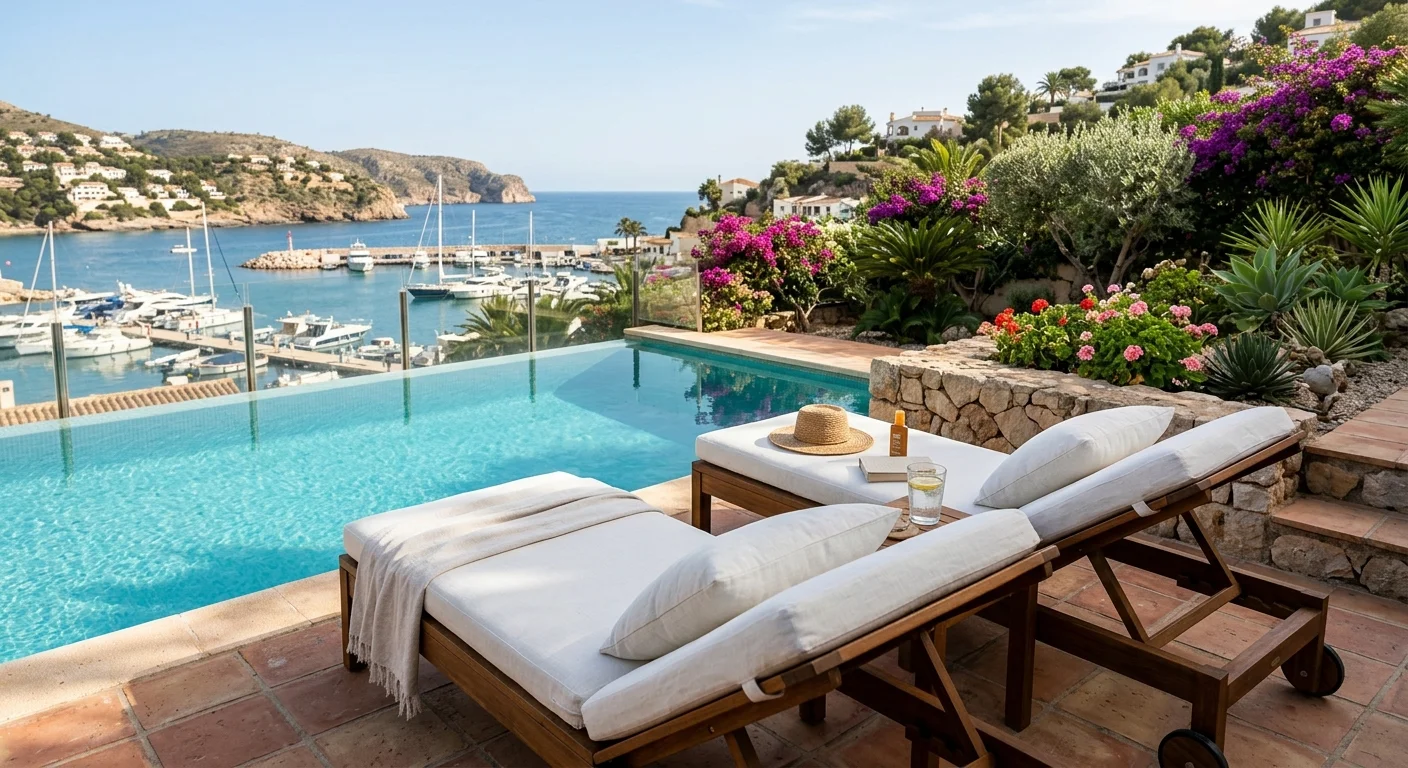 Solstolar uppsättning på en medelhavsterrass i Moraira, Costa Blanca