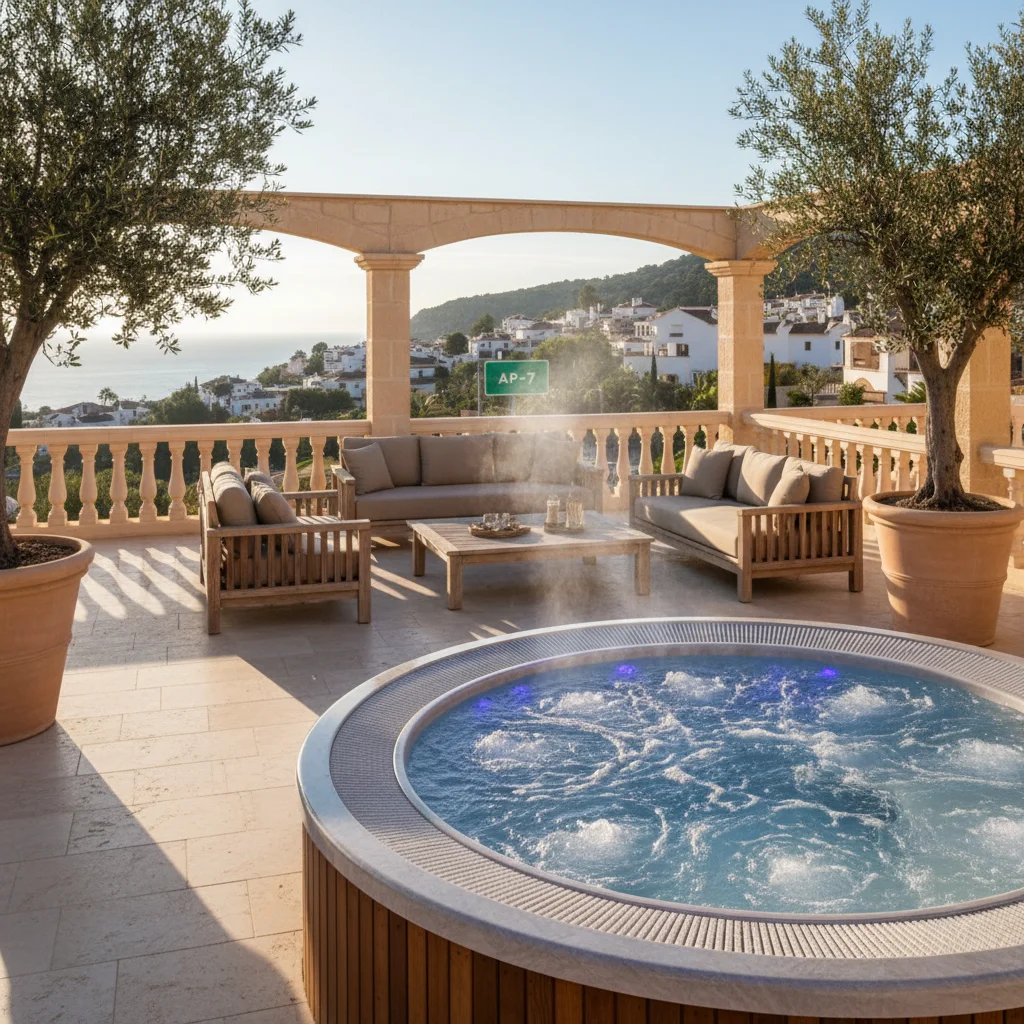 Jacuzzi's opstelling op een mediterraan terras in Ondara, Costa Blanca