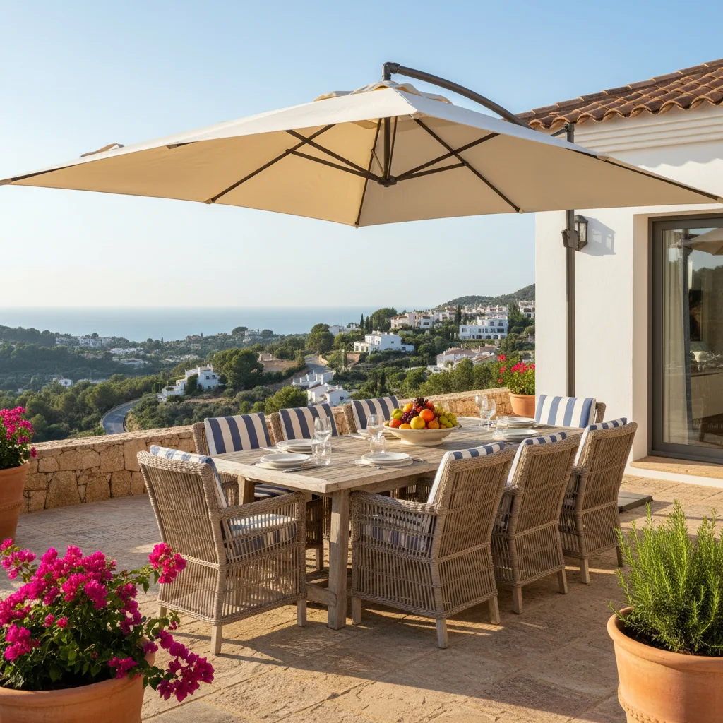 Parasols & Shade Sails setup on a Mediterranean terrace in Ondara, Costa Blanca