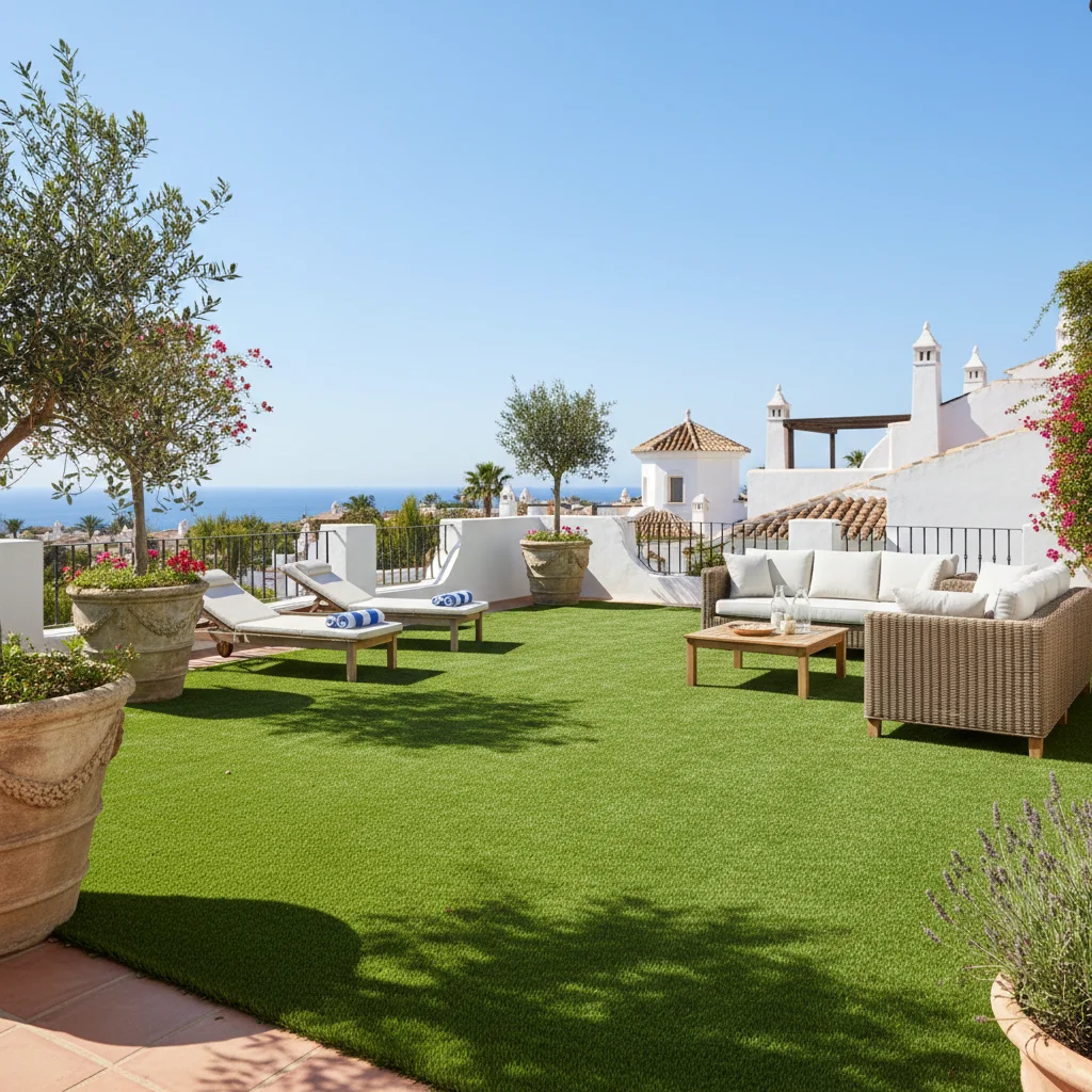 Artificial Grass & Landscaping setup on a Mediterranean terrace in Orihuela Costa, Costa Blanca