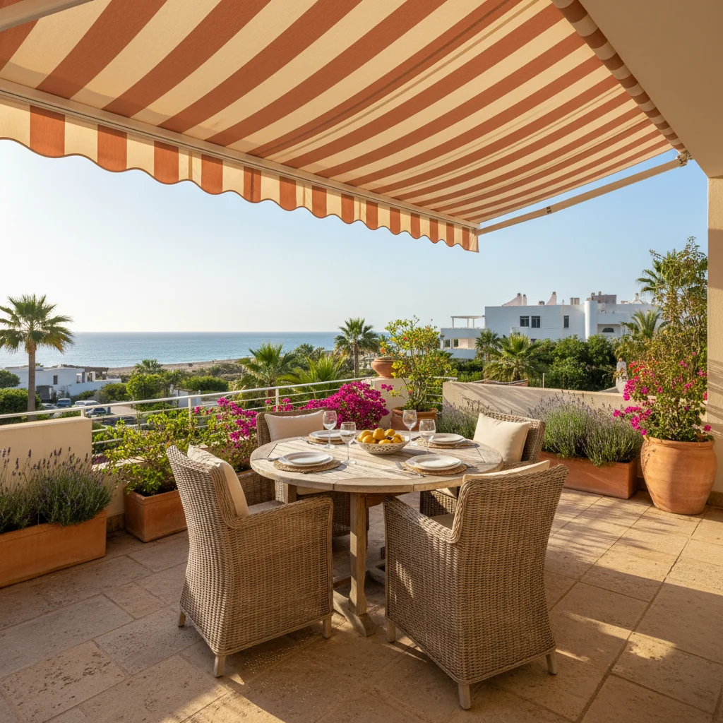Zonneschermen opstelling op een mediterraan terras in Orihuela Costa, Costa Blanca