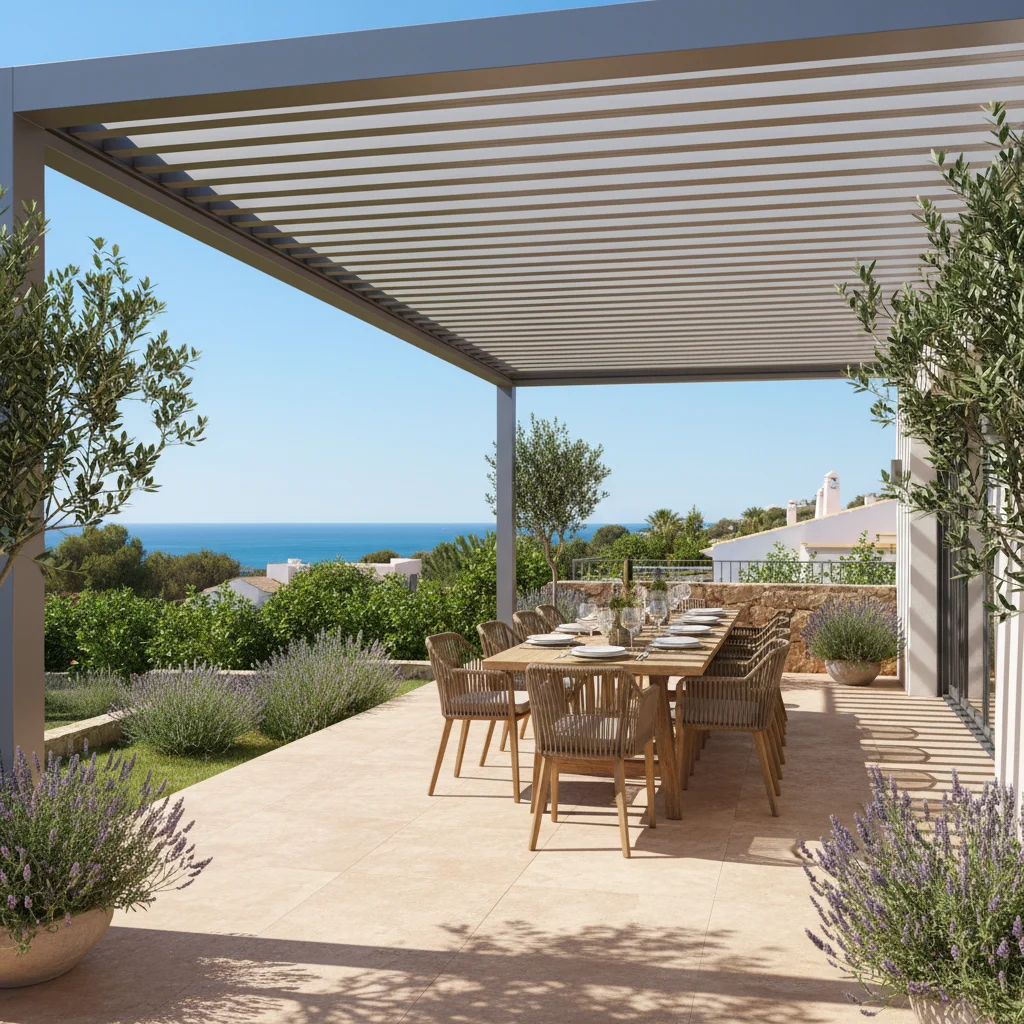Bioclimatic Pergolas setup on a Mediterranean terrace in Orihuela Costa, Costa Blanca