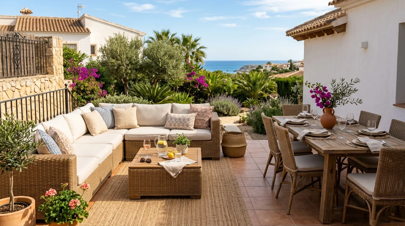 Installation de salons de jardin en rotin sur une terrasse méditerranéenne à Orihuela Costa, Costa Blanca