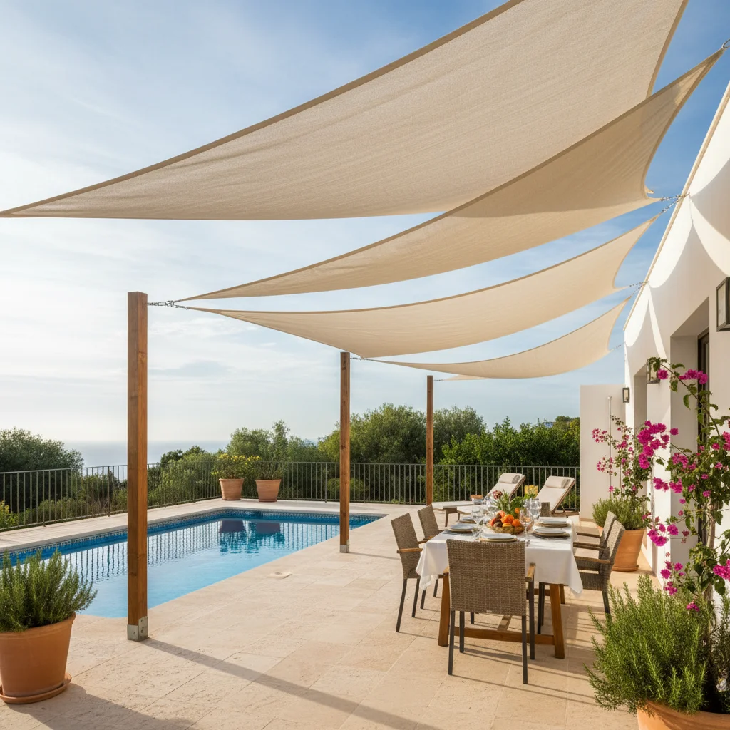 Shade Sails setup on a Mediterranean terrace in Orihuela Costa, Costa Blanca