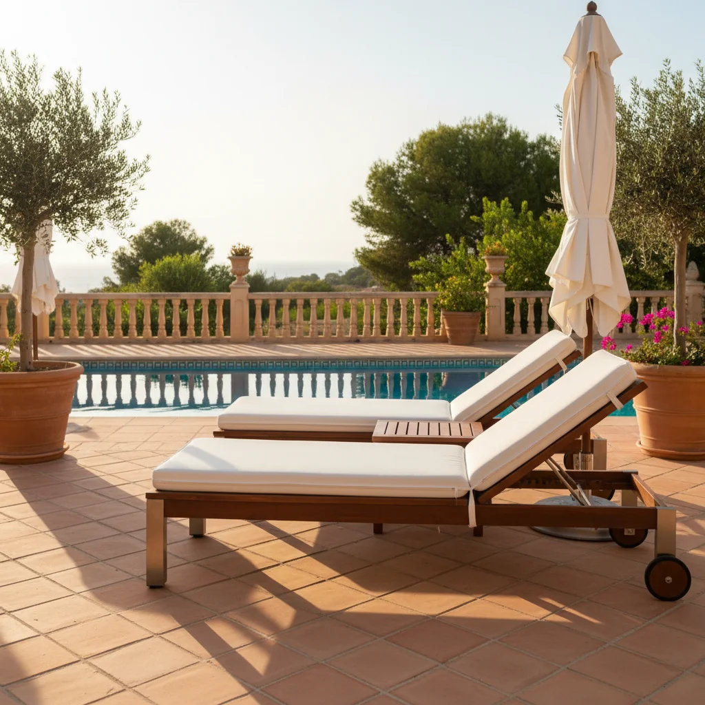 Ligbedden opstelling op een mediterraan terras in Orihuela Costa, Costa Blanca