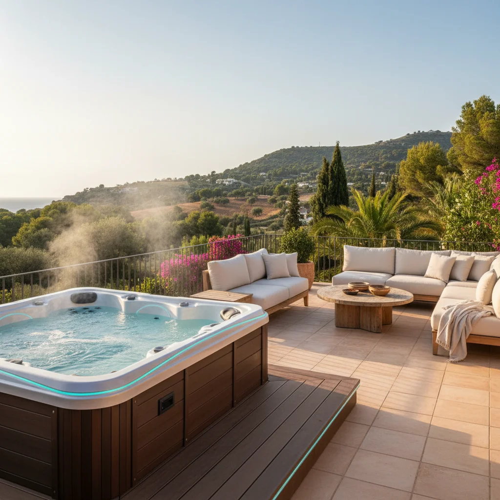 Jacuzzi's opstelling op een mediterraan terras in Pedreguer, Costa Blanca