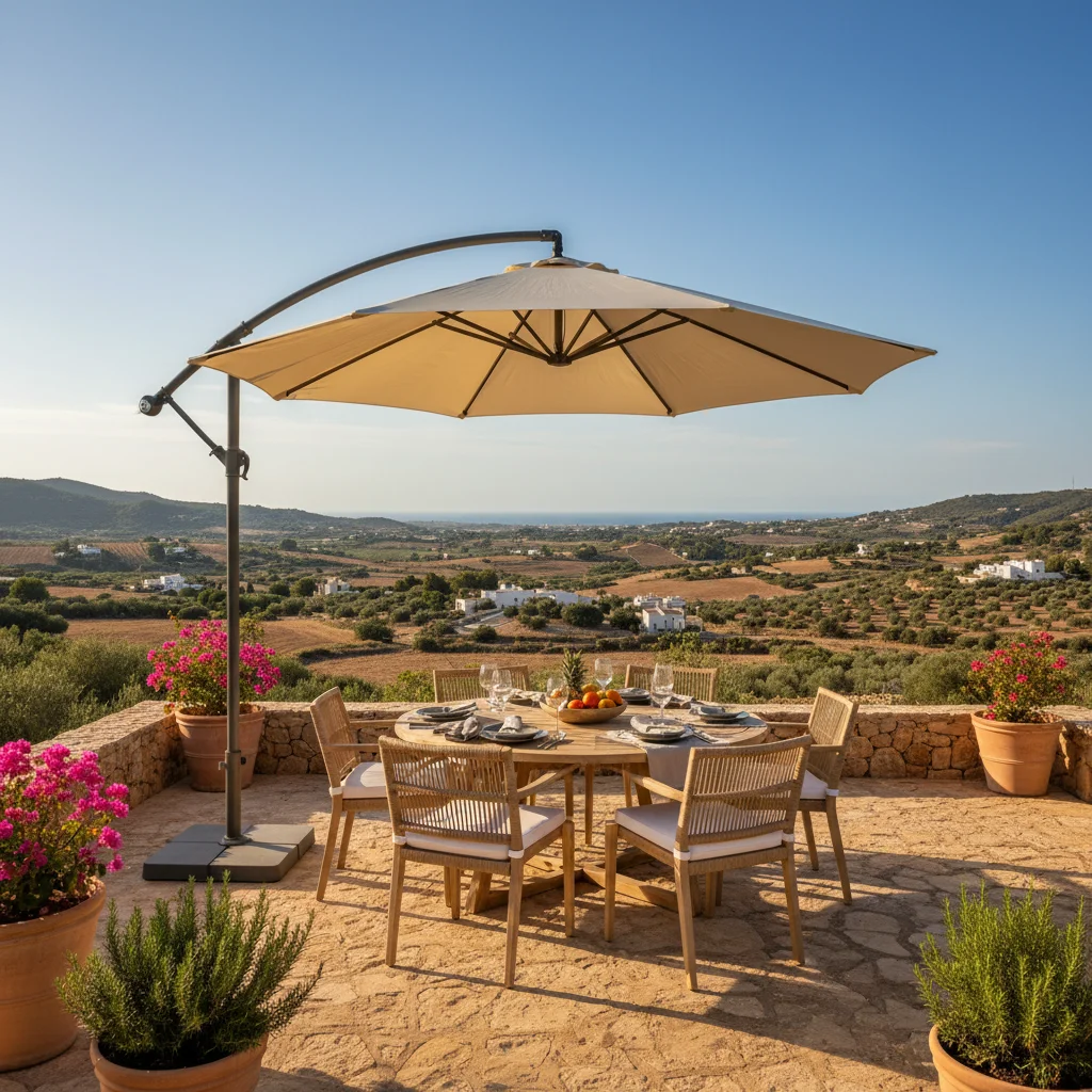 Parasols opstelling op een mediterraan terras in Pedreguer, Costa Blanca