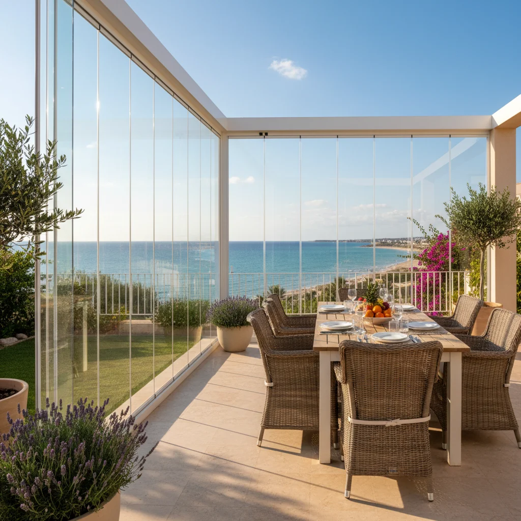Installation de rideaux de verre sur une terrasse méditerranéenne à Pilar de la Horadada, Costa Blanca