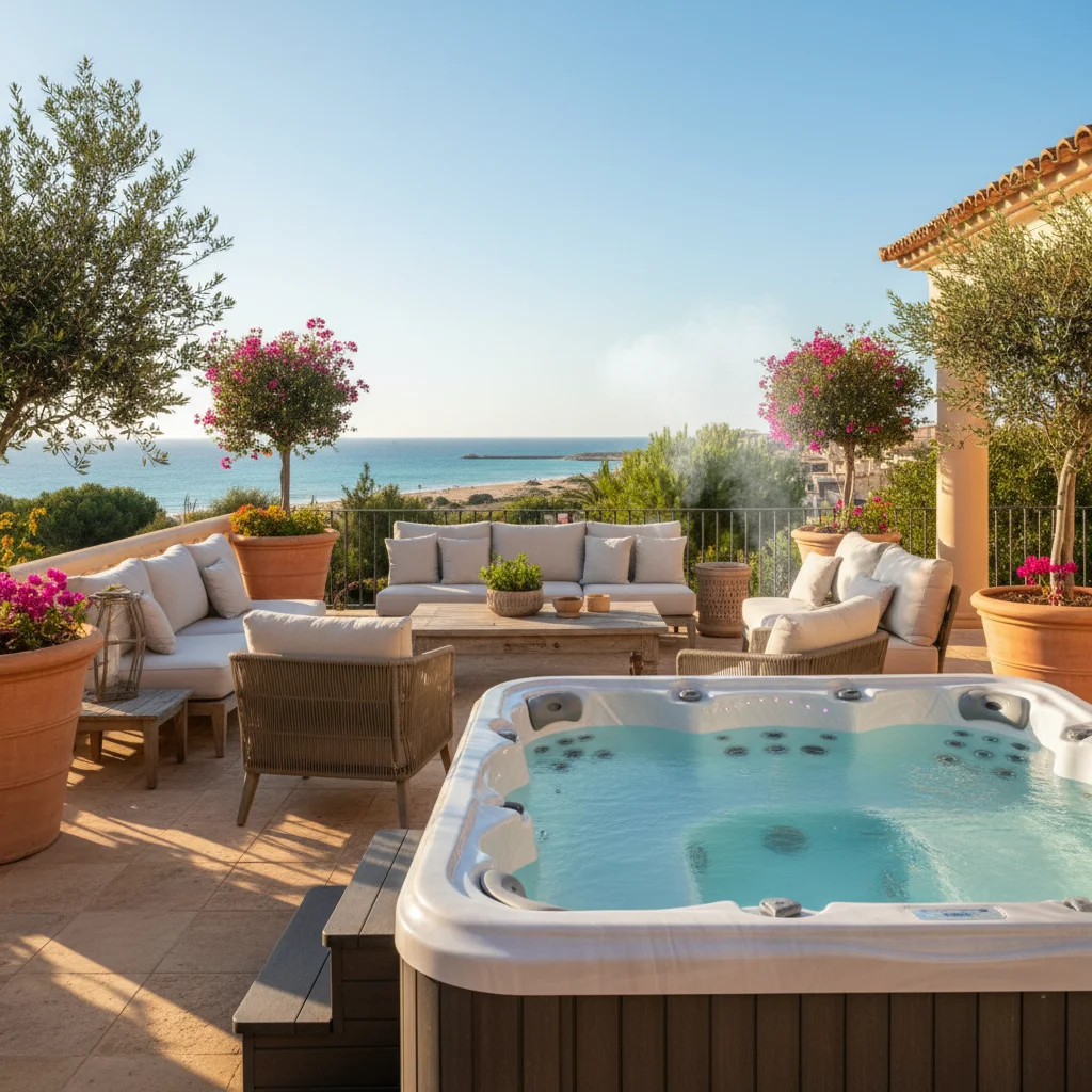 Jacuzzi's opstelling op een mediterraan terras in Pilar de la Horadada, Costa Blanca