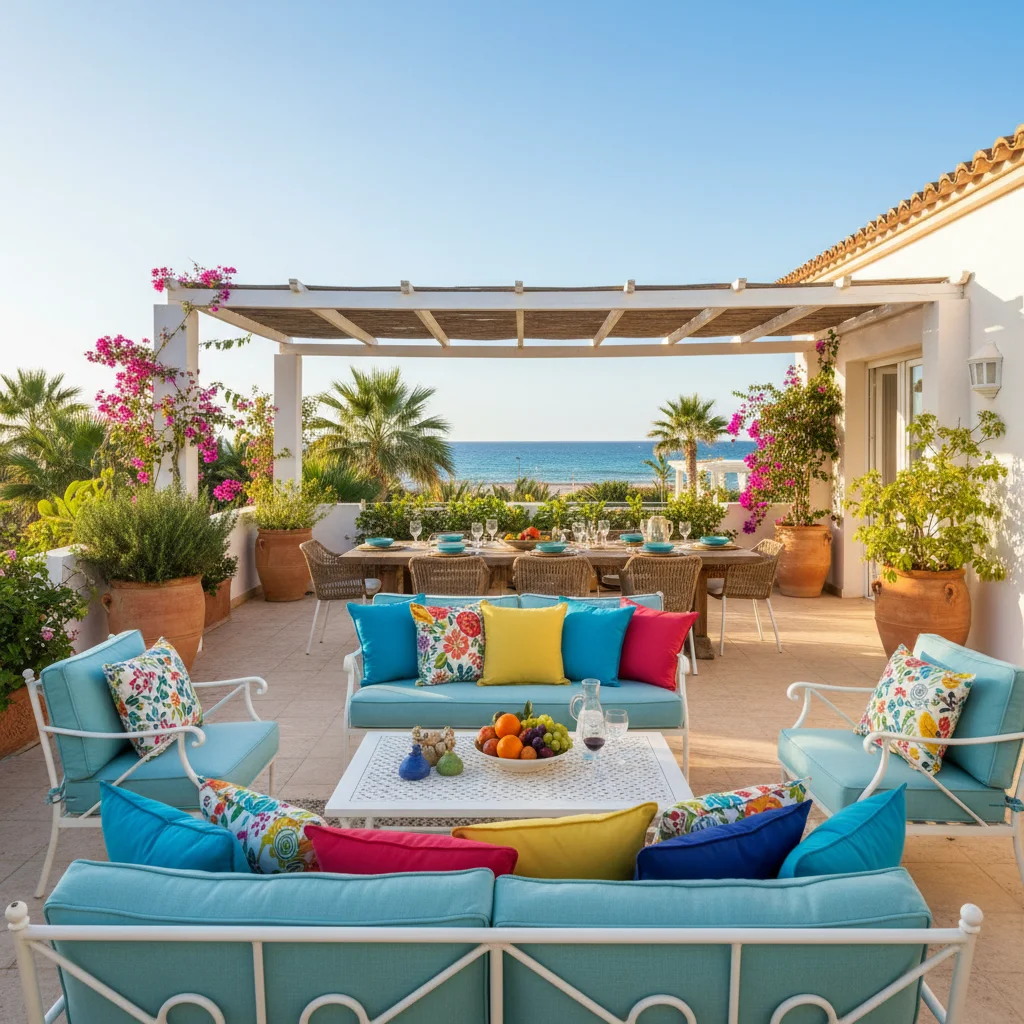 Installation de coussins d'extérieur sur une terrasse méditerranéenne à Pilar de la Horadada, Costa Blanca