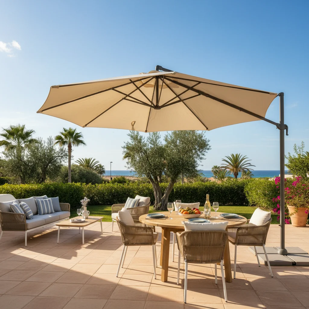 Parasols & Shade Sails setup on a Mediterranean terrace in Pilar de la Horadada, Costa Blanca