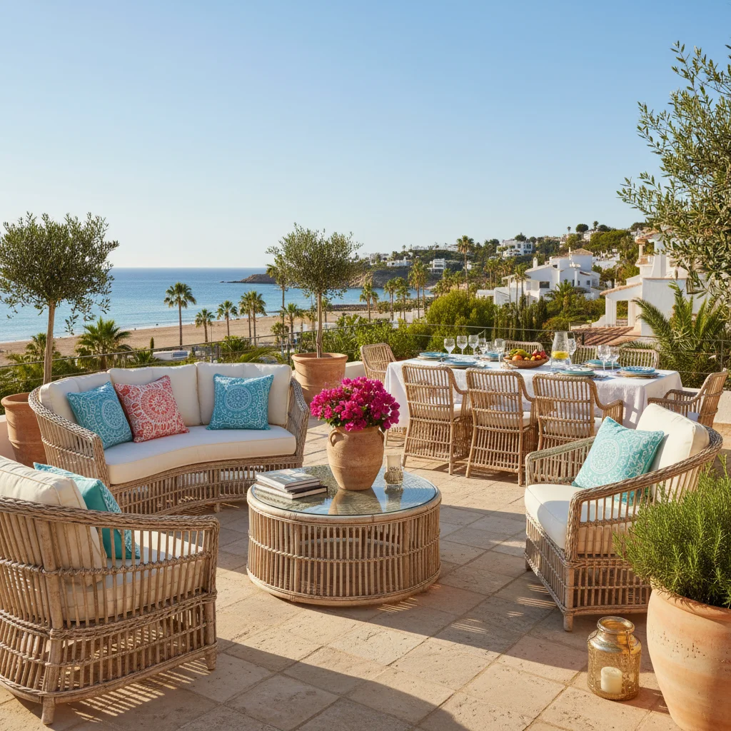 Installation de salons de jardin en rotin sur une terrasse méditerranéenne à Pilar de la Horadada, Costa Blanca
