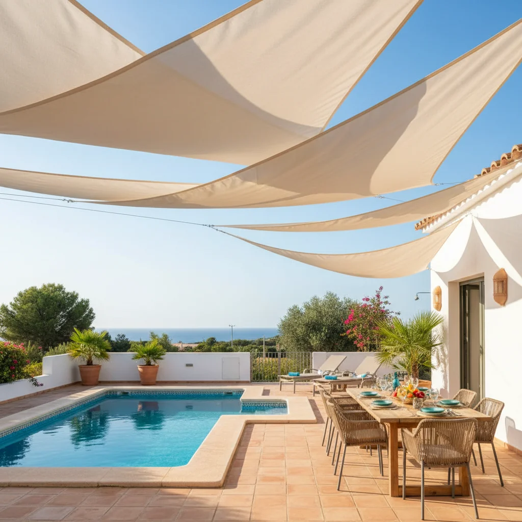 Installation de voiles d'ombrage sur une terrasse méditerranéenne à Pilar de la Horadada, Costa Blanca