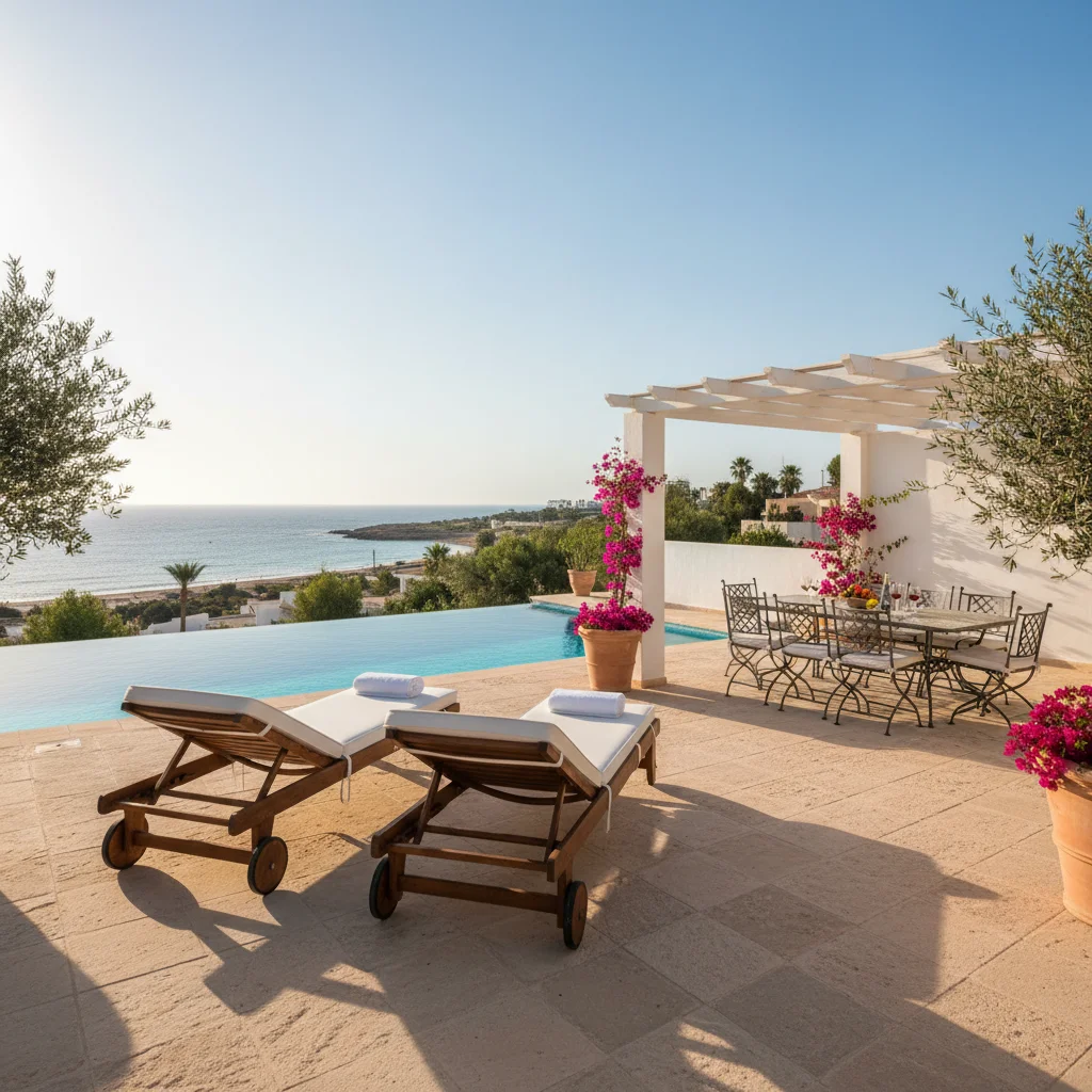 Instalación de tumbonas y daybeds en una terraza mediterránea en Pilar de la Horadada, Costa Blanca