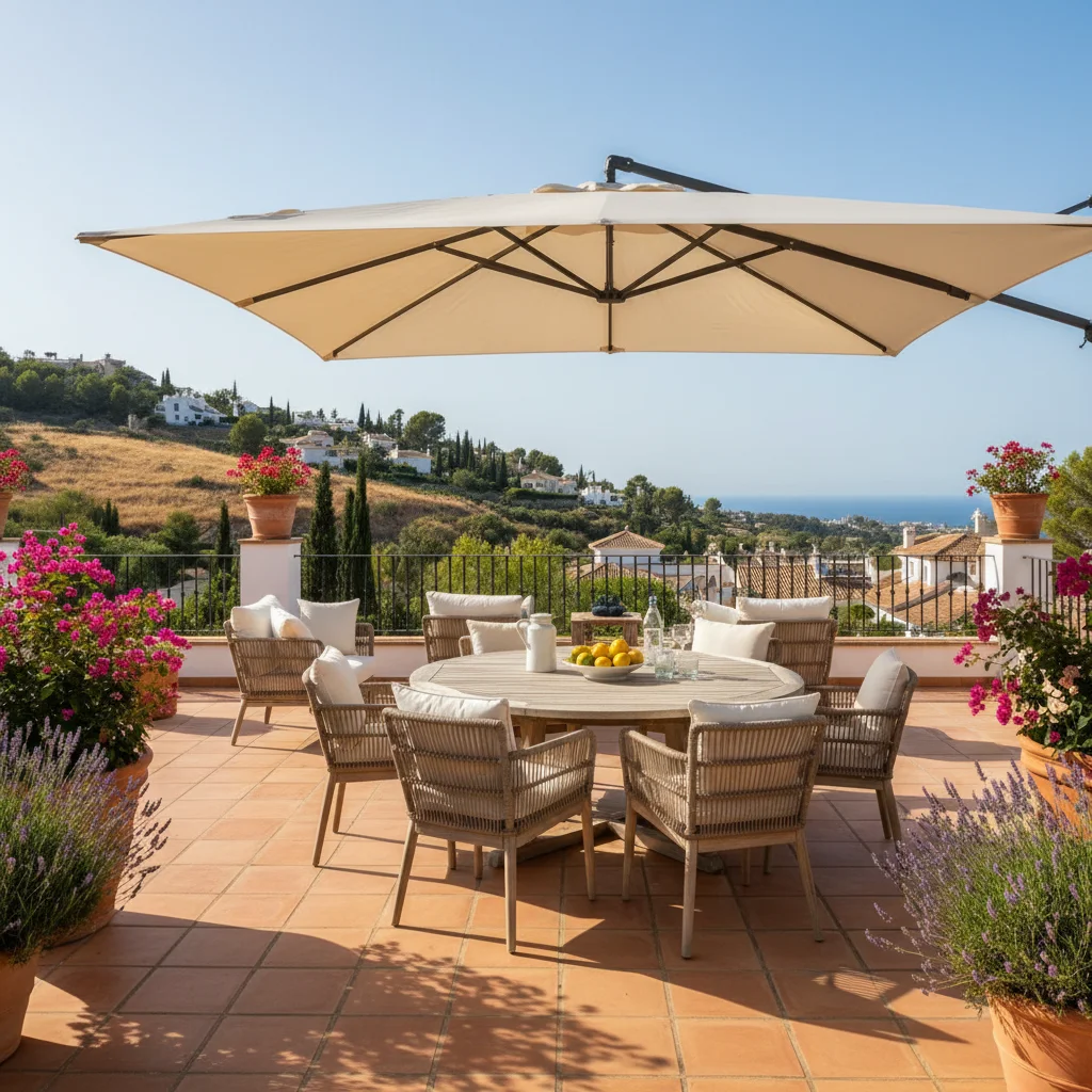 Parasols & Shade Sails setup on a Mediterranean terrace in Rojales, Costa Blanca