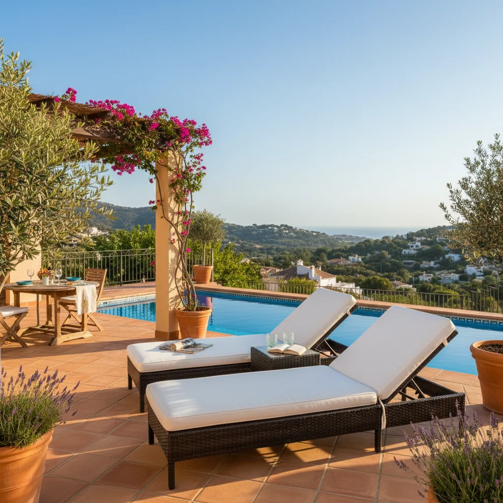 Ligbedden opstelling op een mediterraan terras in Rojales, Costa Blanca