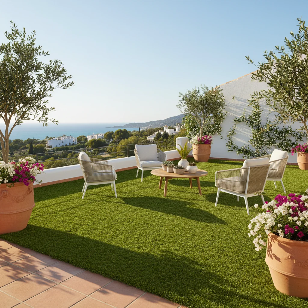 Artificial Grass & Landscaping setup on a Mediterranean terrace in San Fulgencio, Costa Blanca