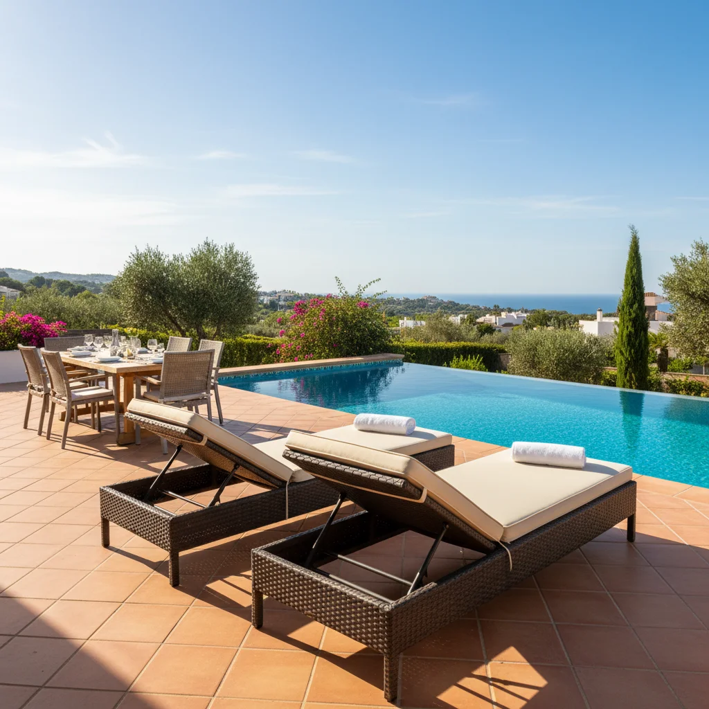 Ligbedden opstelling op een mediterraan terras in San Fulgencio, Costa Blanca