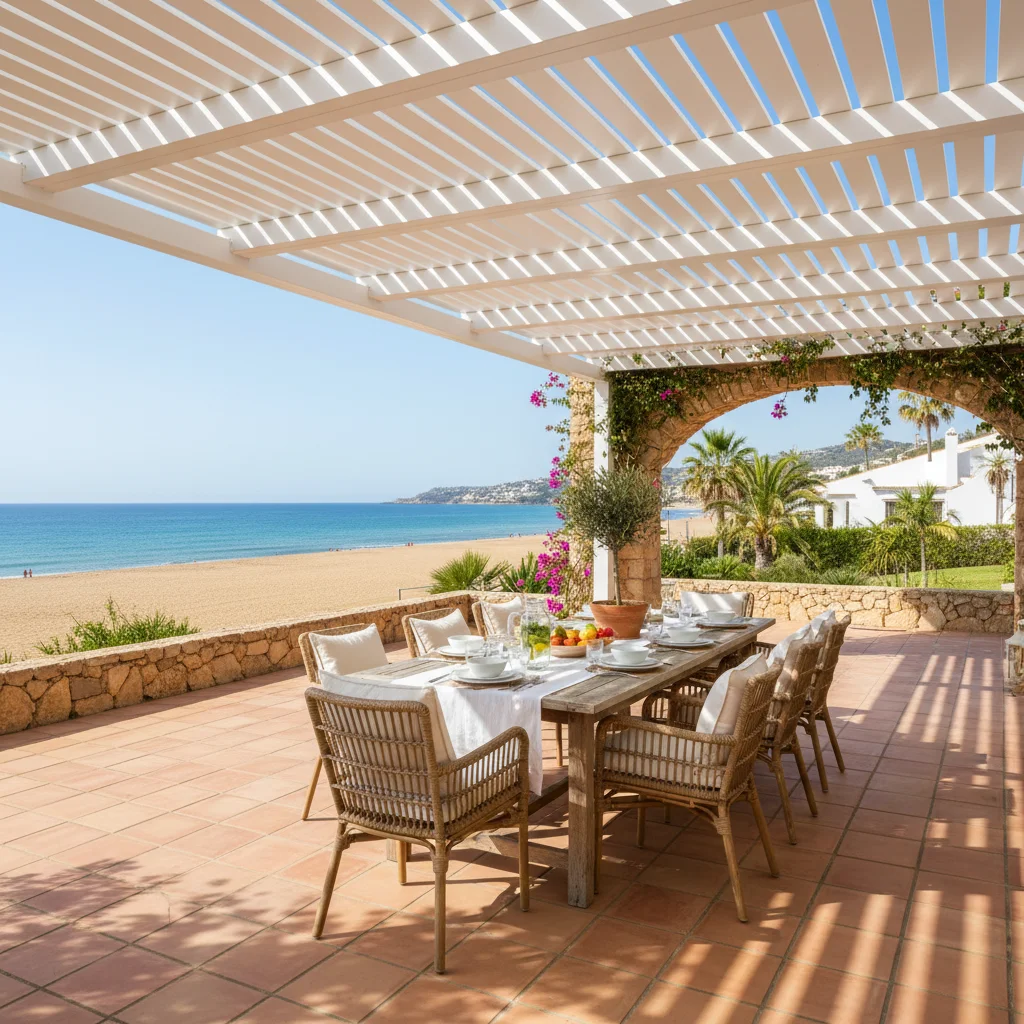 Bioclimatic Pergolas setup on a Mediterranean terrace in San Juan de Alicante, Costa Blanca