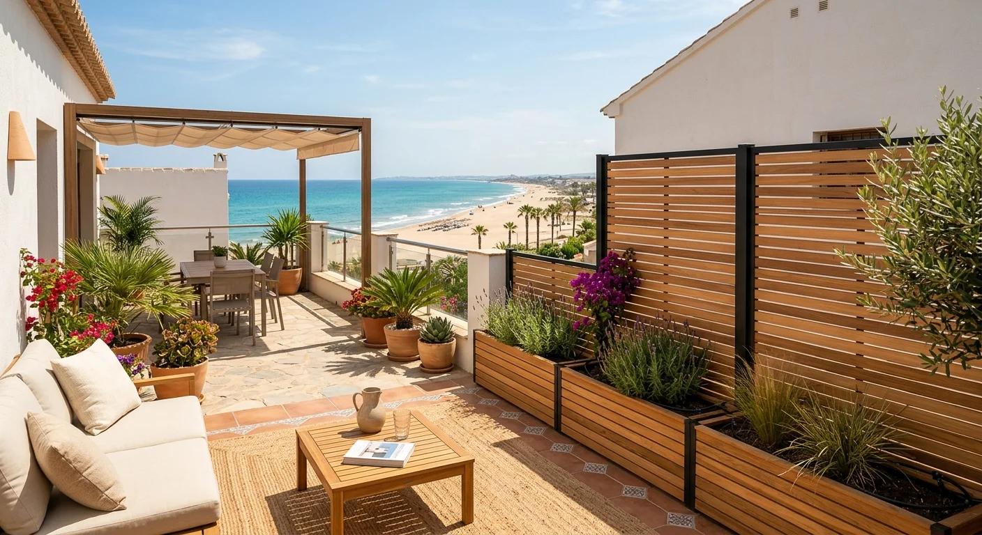 Tuinomheining opstelling op een mediterraan terras in San Juan de Alicante, Costa Blanca