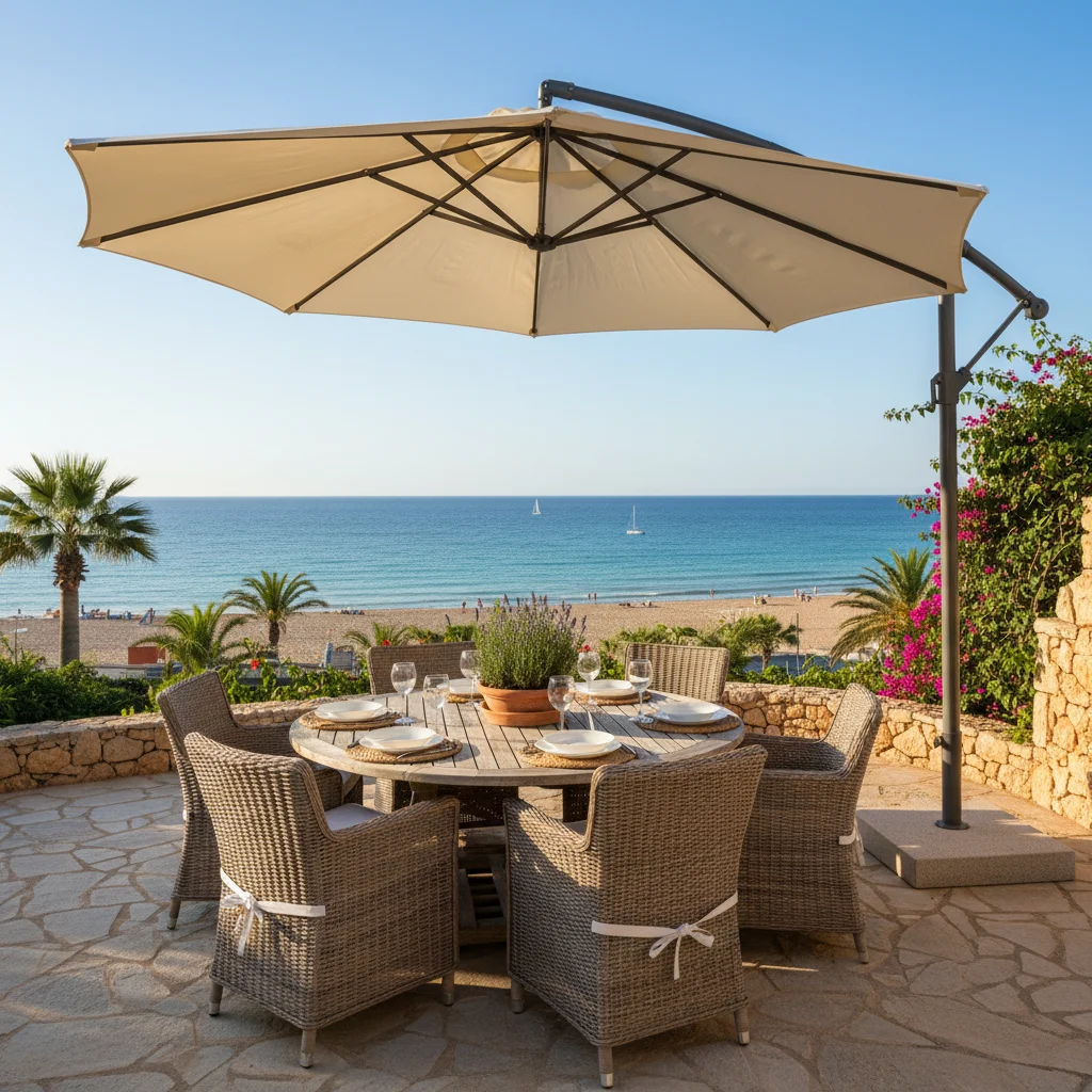 Parasols opstelling op een mediterraan terras in San Juan de Alicante, Costa Blanca