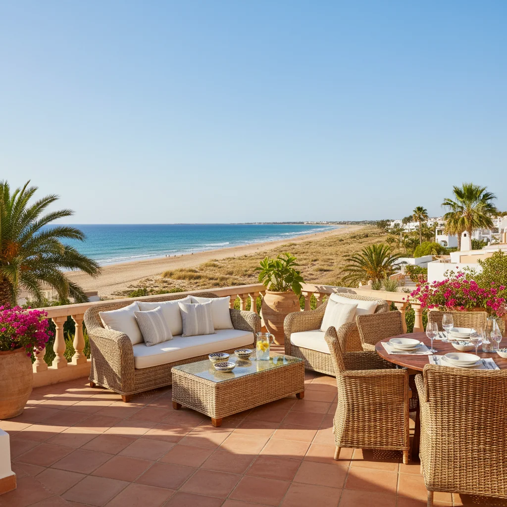 Installation de salons de jardin en rotin sur une terrasse méditerranéenne à San Juan de Alicante, Costa Blanca